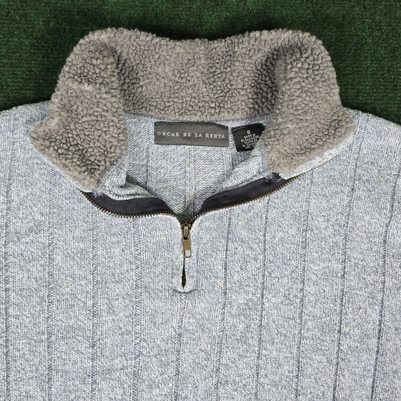 Oscar De LA Renta | Textured Stripe Waffle Knit Mock Neck Sherpa Collar Pullover - Picture 9 of 15